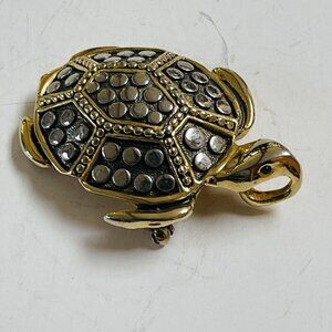 Vintage SJ Signed Silver Gold Tone Sea Turtle Brooch Pendant Statement Marine
